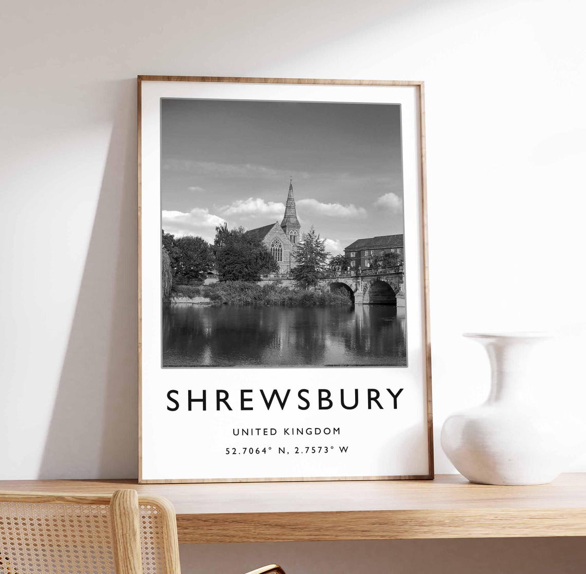Shrewsbury Historic Church Bridge Black White Photography Poster