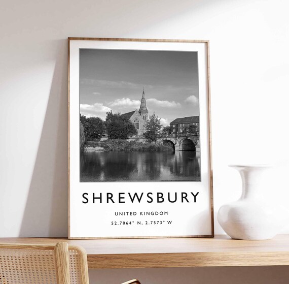 Shrewsbury Historic Church Bridge Black White Photography Poster