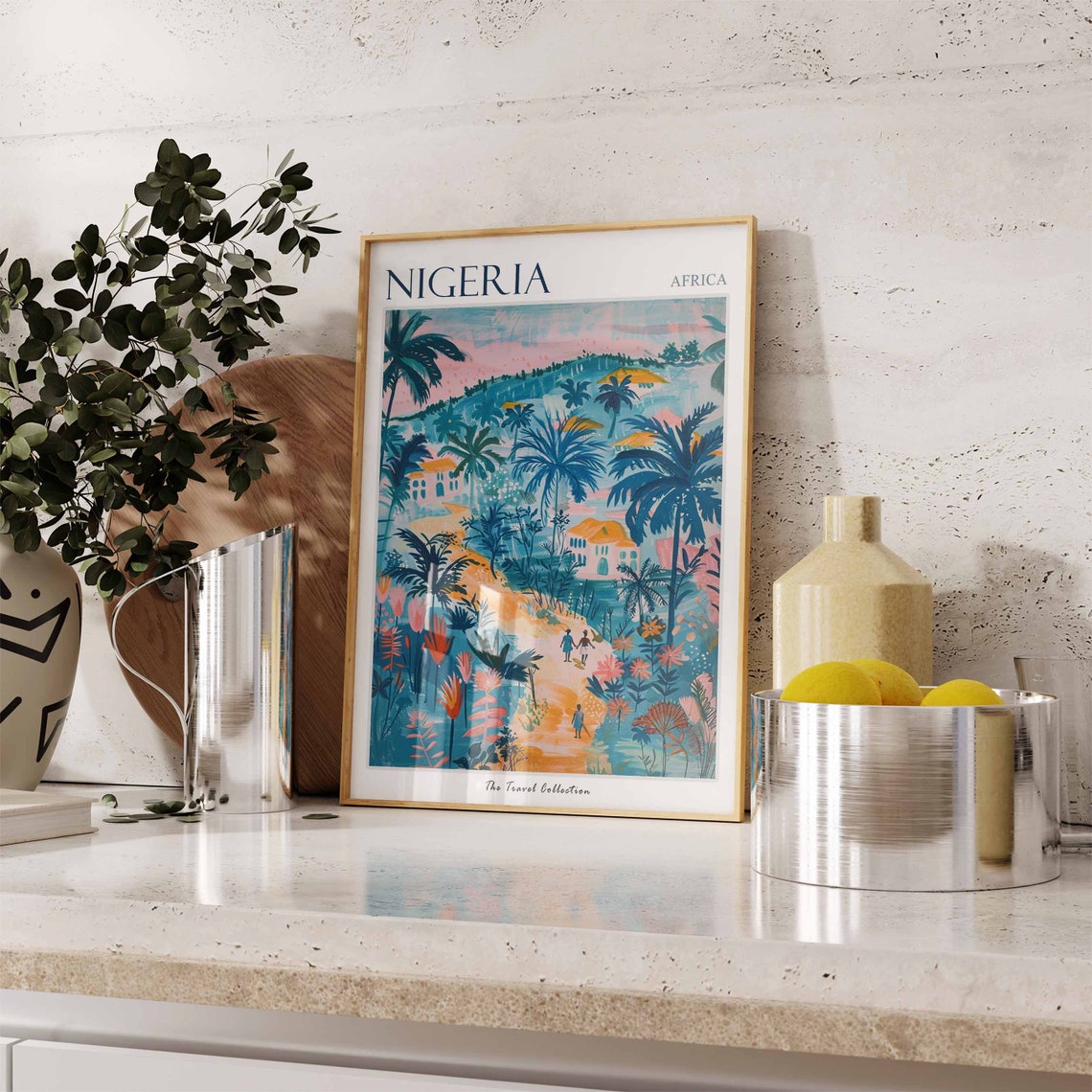 Nigeria Africa Colorful Tropical Village Palm Trees Path Travel Poster - Image 3