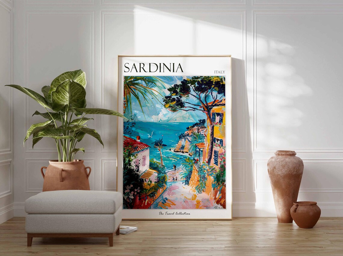 Sardinia Italy Coastal Village Cliffs Sea Colorful Travel Poster - Image 2