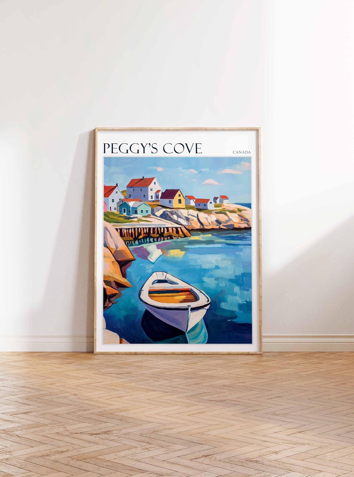 Peggy's Cove Canada White Rowboat Up Close and Village Wharf Poster - Image 2