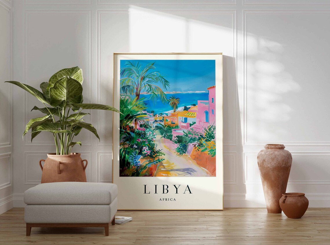 Libya Africa Colorful Coastal Town Palm Tree Scene Art Travel Poster - Image 3