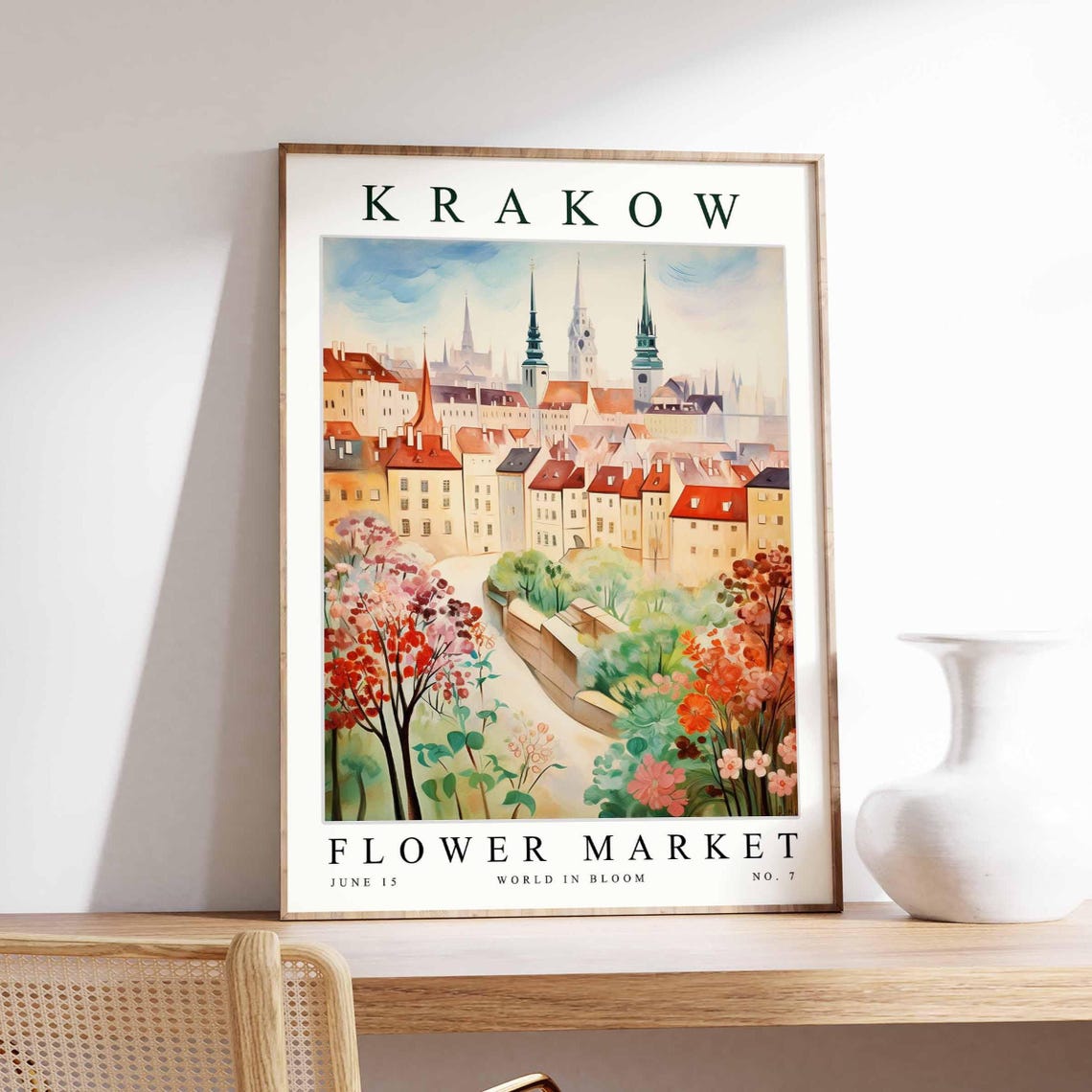 Krakow Flower Market No 7 Old Town Roofs Spires Spring Trees Poster