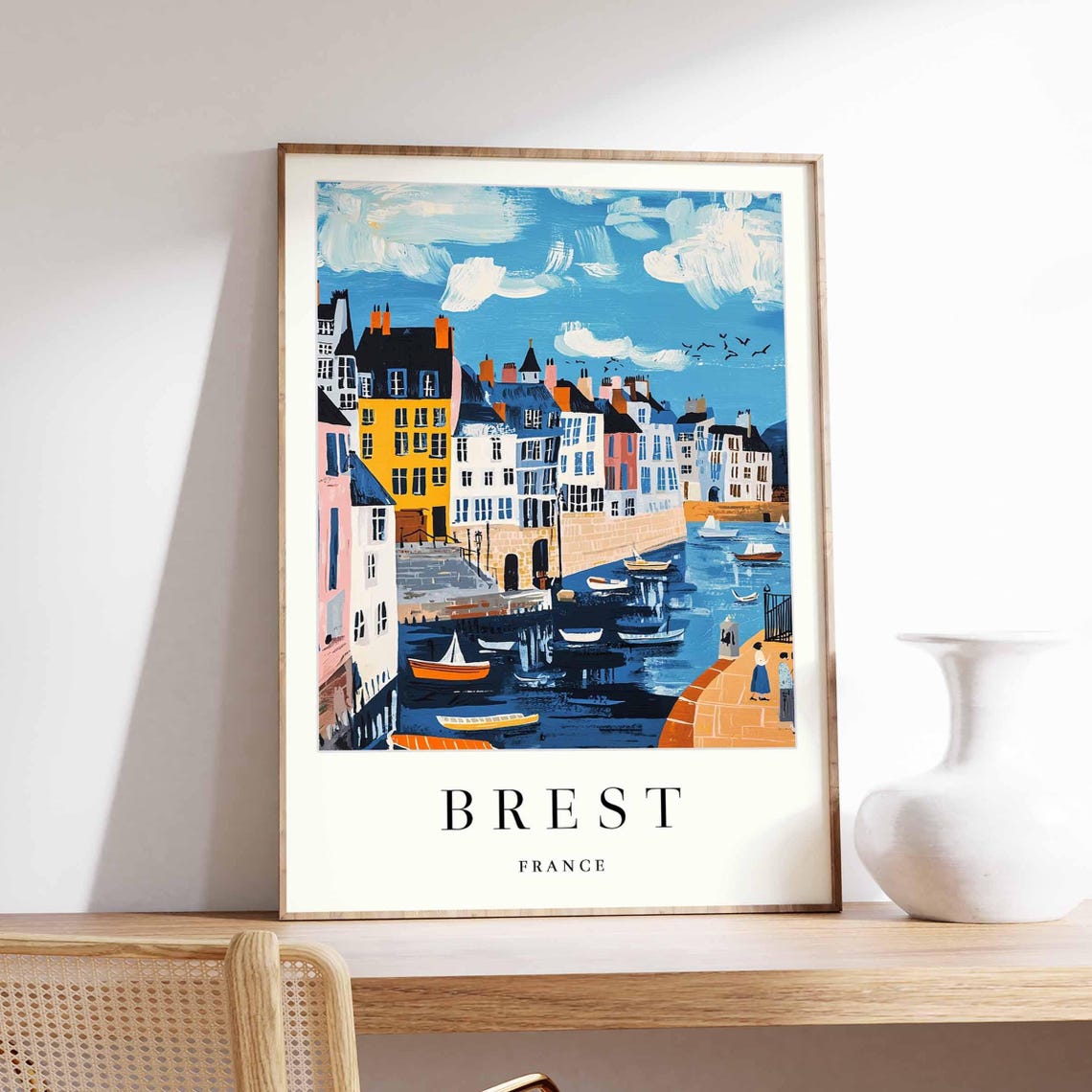 Brest France Travel Poster Colorful Harbor Old Town Seaside Art