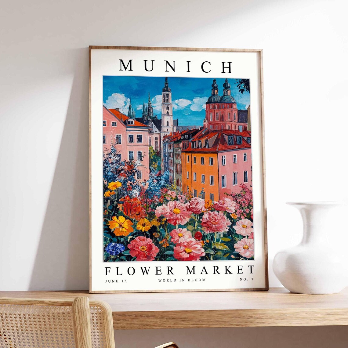 Munich Flower Market Historic Street Church Spires Poppy Poster