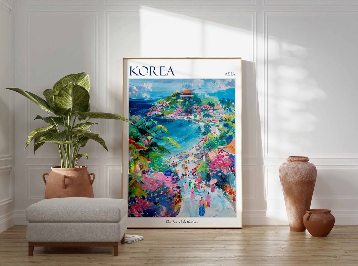 Korea Asia Coastal Bay Pagoda Hill Flower Blossom Travel Poster - Image 2
