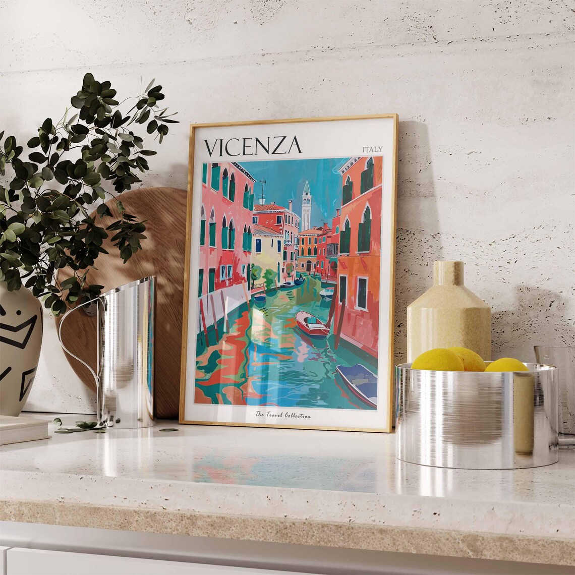 Vicenza Italy Colorful Sunny Canal Boats Watercolor Travel Poster - Image 3