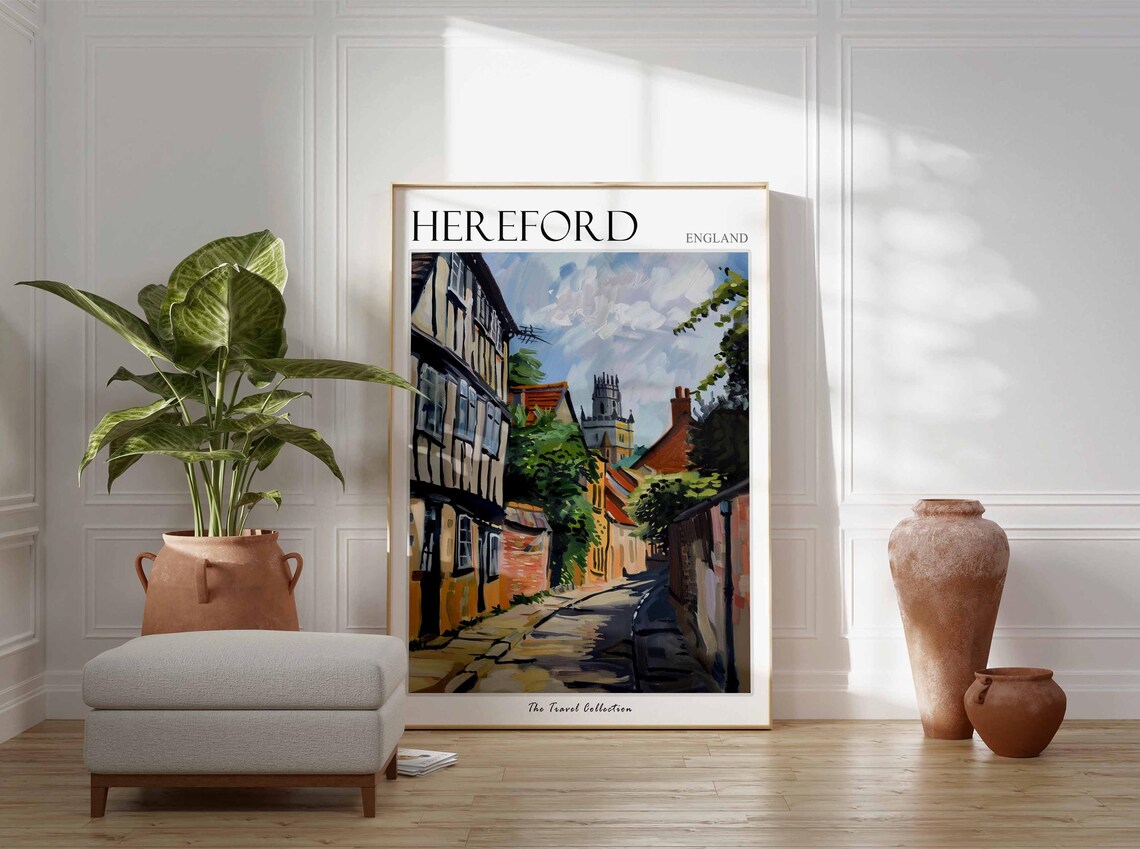 Hereford England Travel Poster Old Timbered Street and Tower View - Image 2
