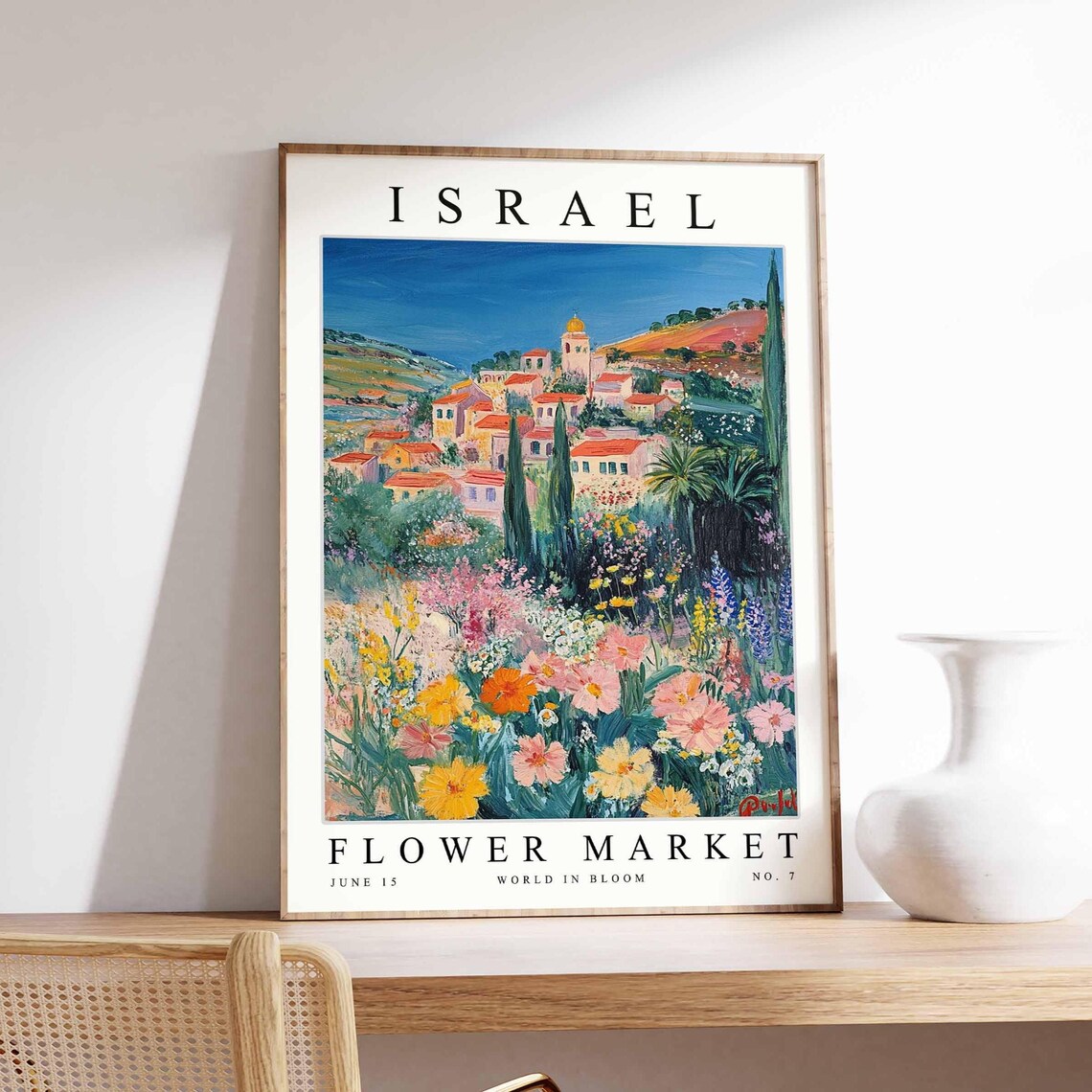 Israel Flower Market Hillside Village Cypress Wildflower Art Poster