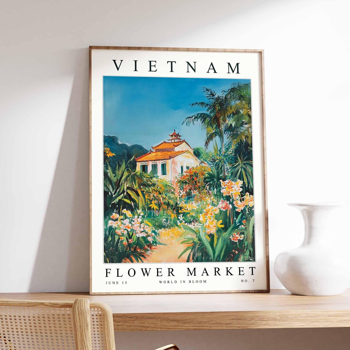 Vietnam Flower Market Pagoda Roof Villa Palm Garden Art Poster
