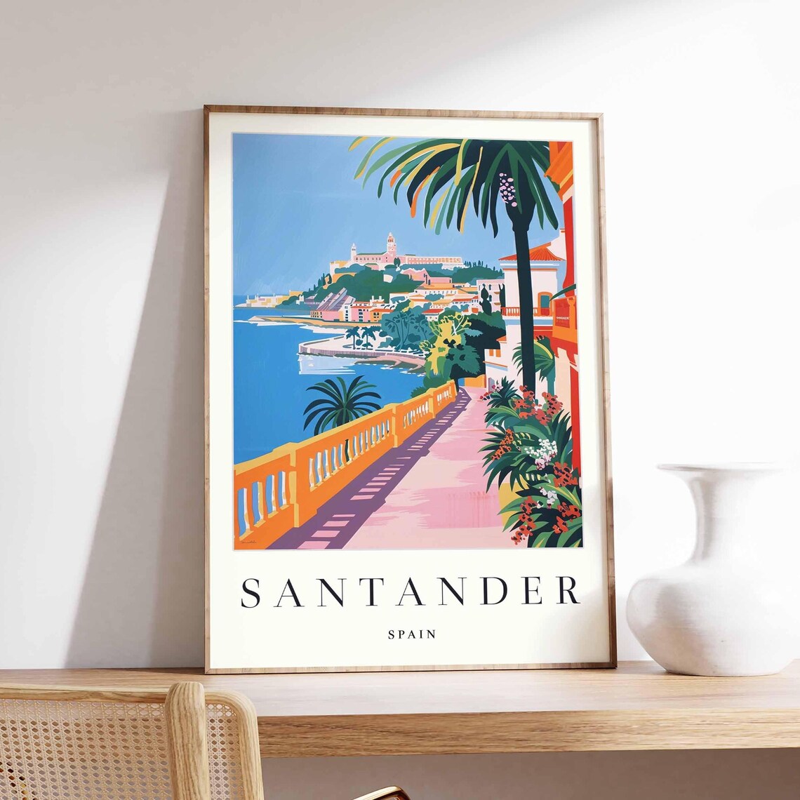 Setubal Portugal Colorful Harbor with Sailboats and Palms Bay Poster