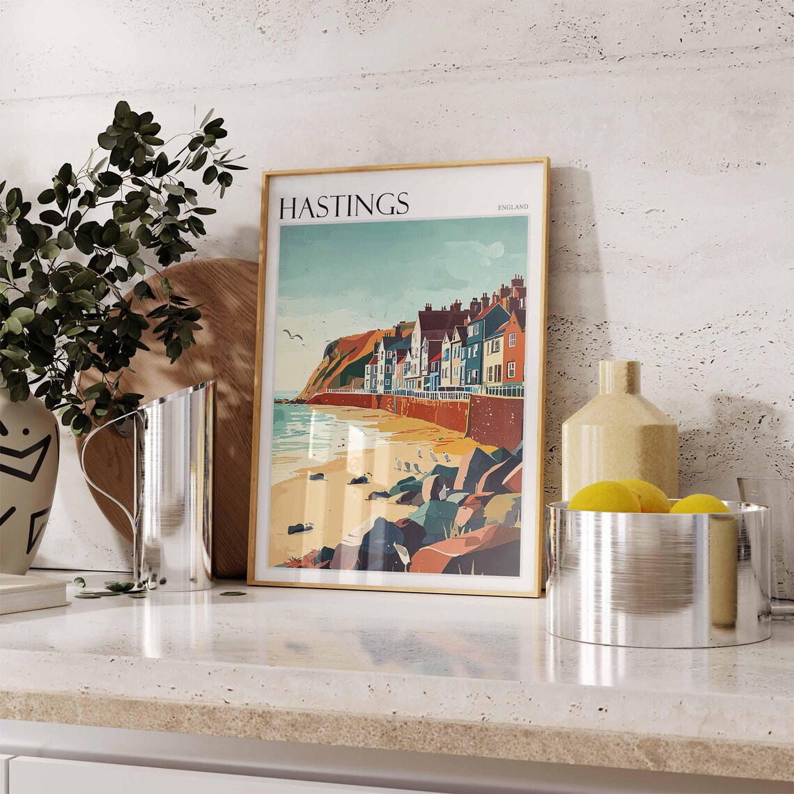 Hastings Retro Houses Sandy Shore Seagulls Vintage Style Seaside Poster - Image 2