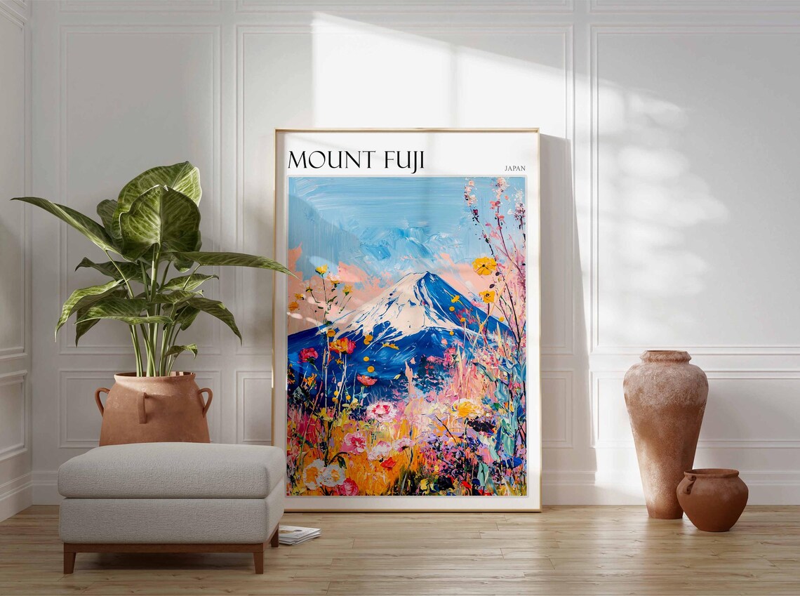 Mount Fuji Japan Pink Wildflower Meadow Spring Bloom Travel Poster - Image 3