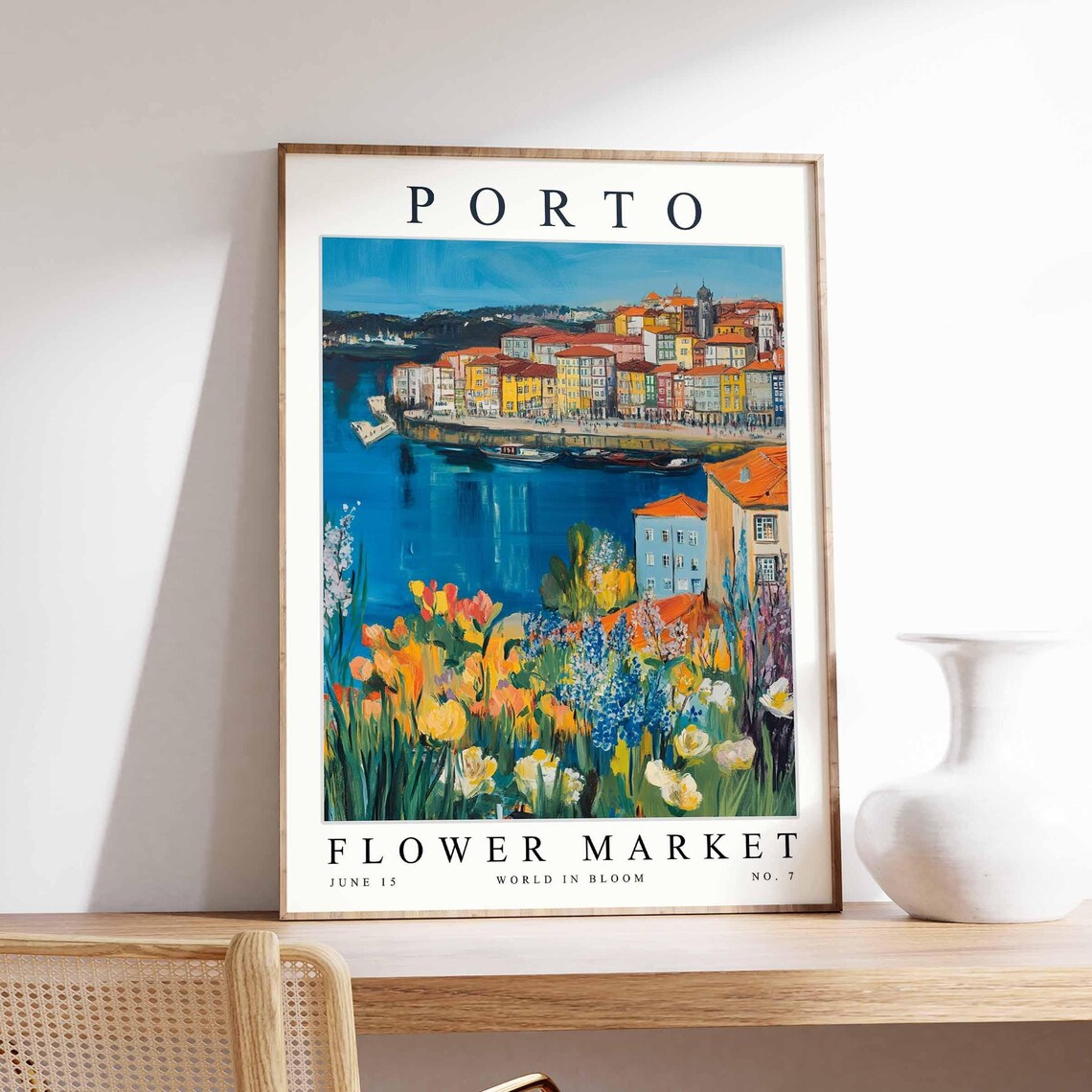 Porto Evening Harbour Blue Boat Tulip Flower Bed Floral Travel Poster