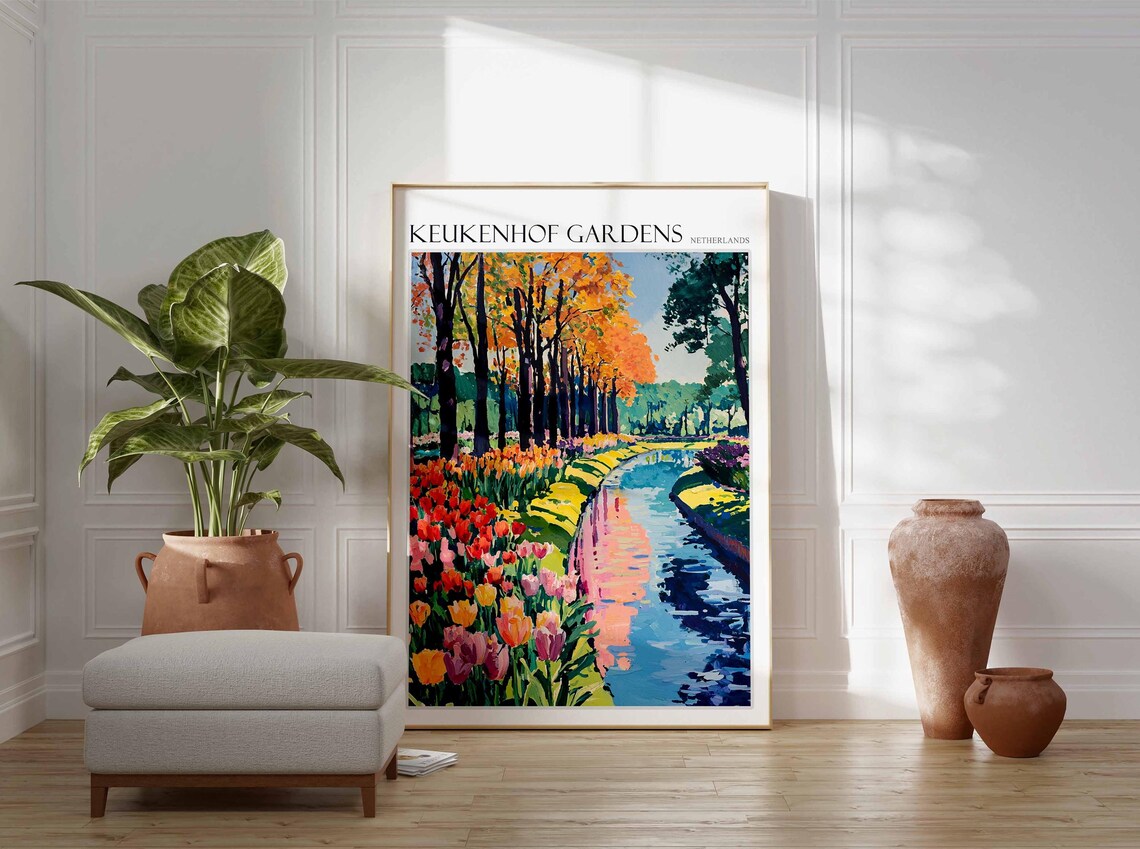 Keukenhof Gardens Netherlands Canal Flanked Tulips Autumn Poster - Image 2
