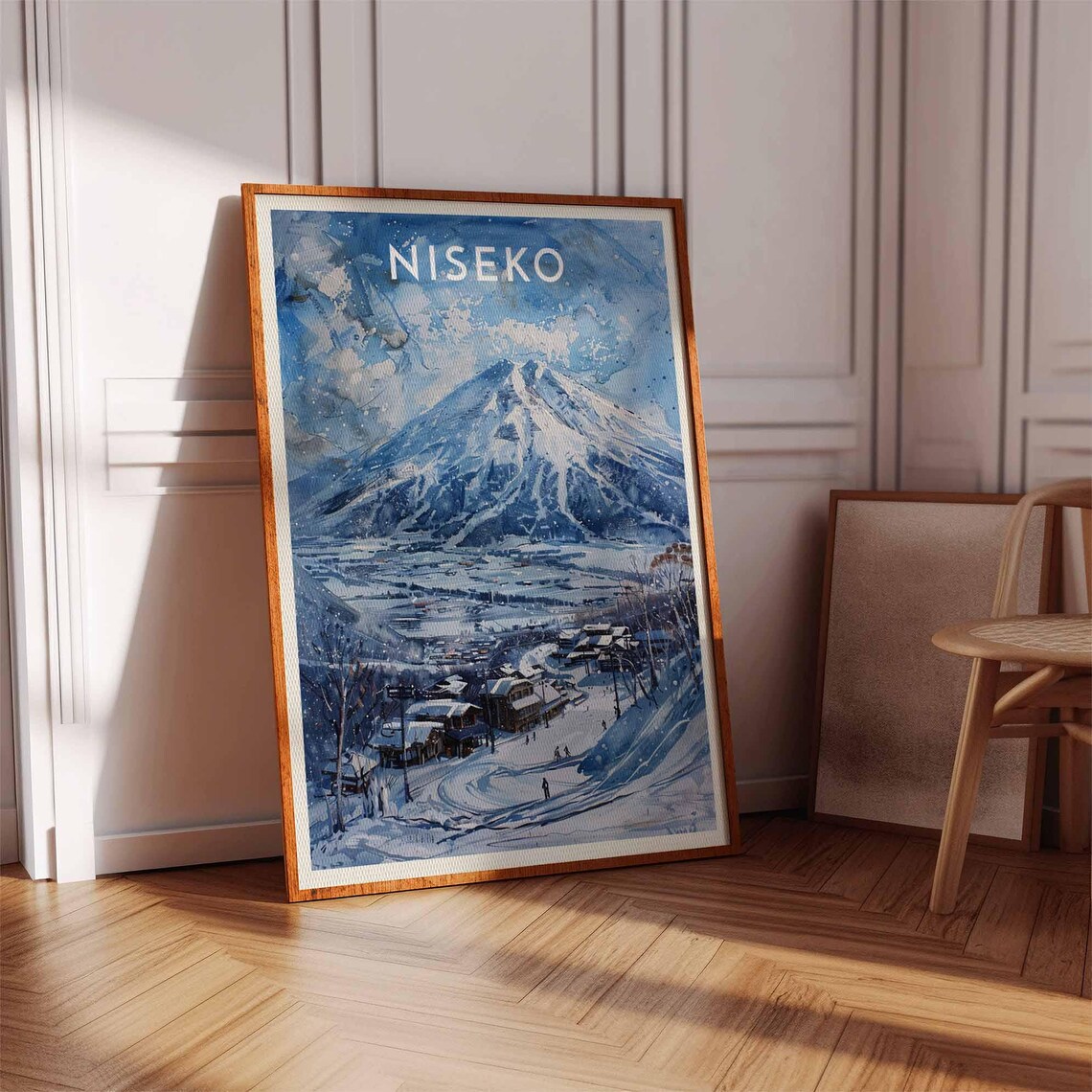 Niseko Japan Blue Watercolor Peak Wide Valley Village Ski Travel Poster - Image 3