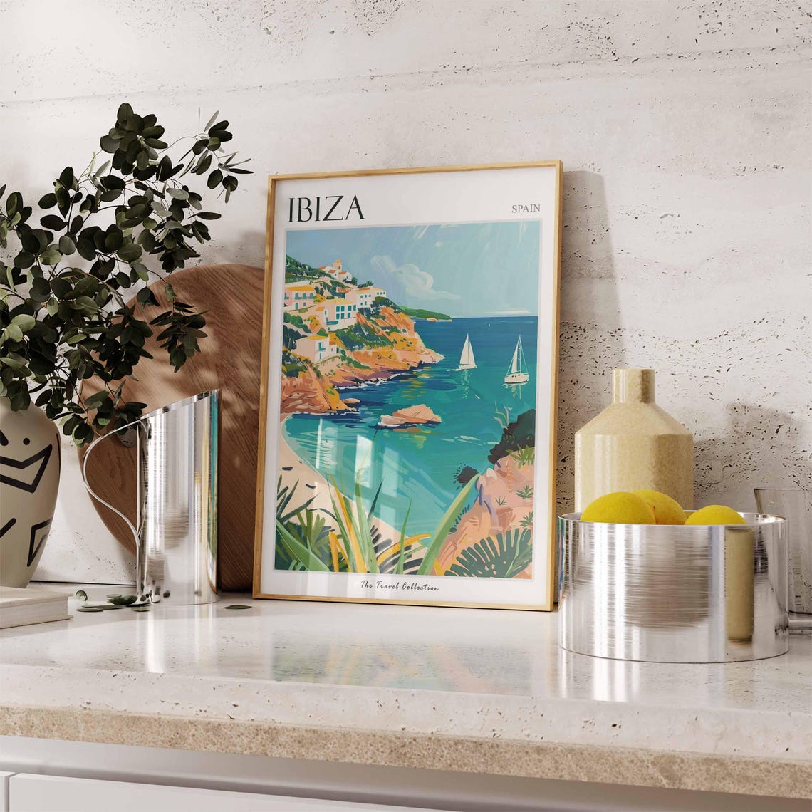 Ibiza Spain Cliffside Village Sailboats Turquoise Sea Travel Poster - Image 3