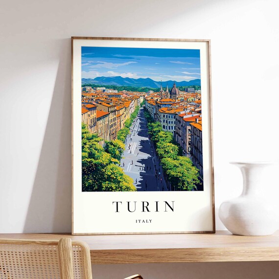 Turin Italy Tree-Lined Avenue Poster with Cathedral Dome and Alpine View