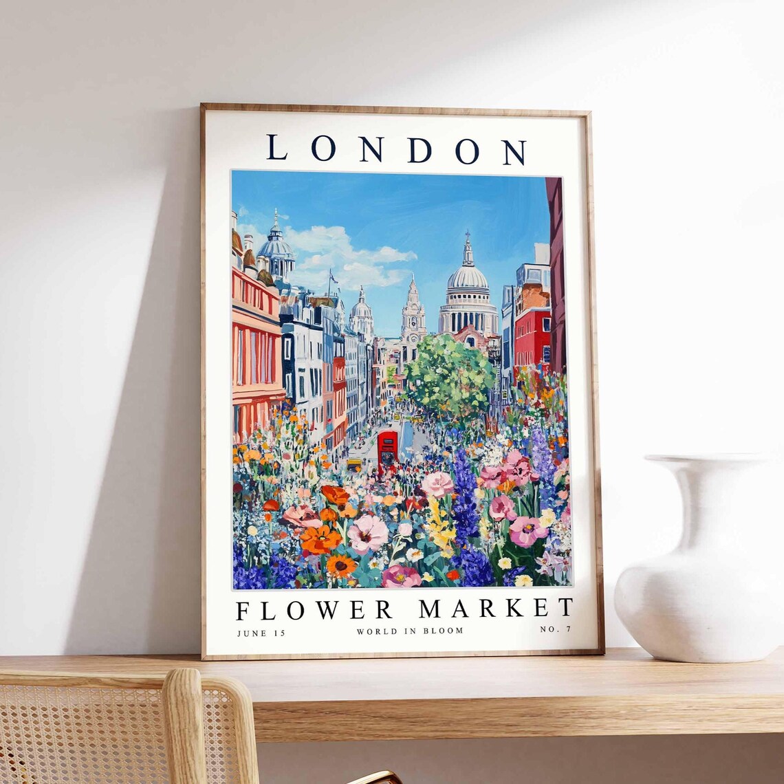 London St Pauls Flower Market Red Bus Flower Street Art Poster
