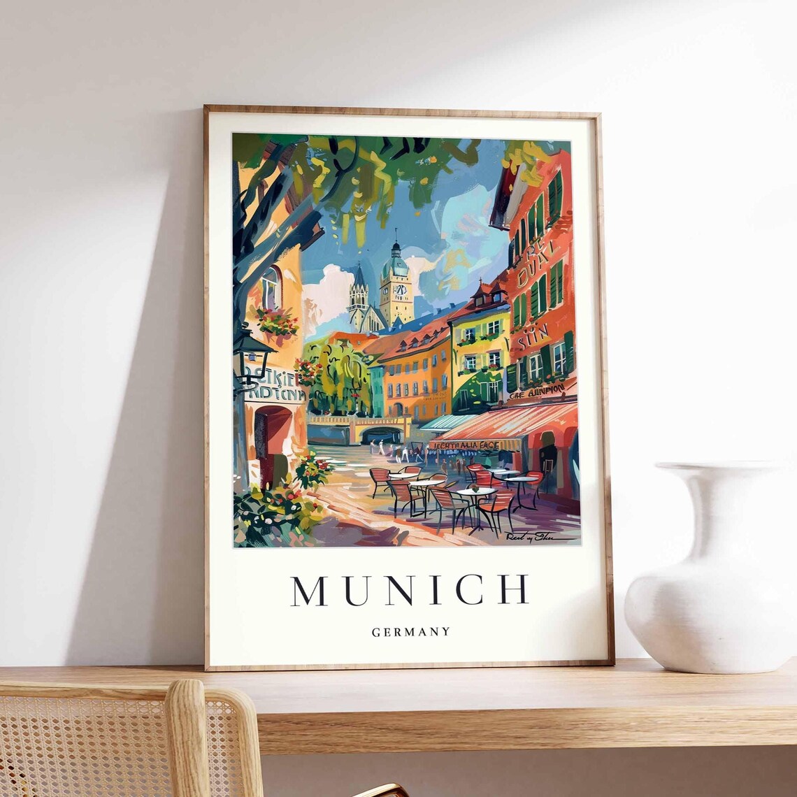 Munich Germany Cafe Street Church Towers Terrace Dining Poster