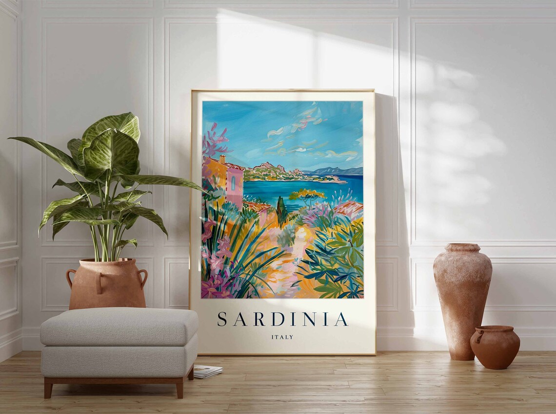 Sardinia Italy Mediterranean Coast Island Garden Pink House Art Travel Poster - Image 3
