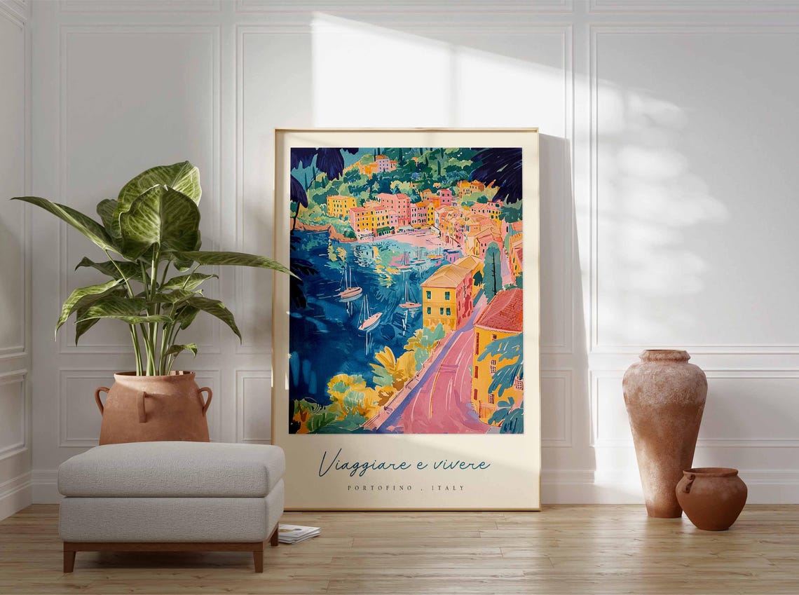 Portofino Italy Stylized Blue Bay Art Viaggiare E Vivere Travel Poster - Image 3