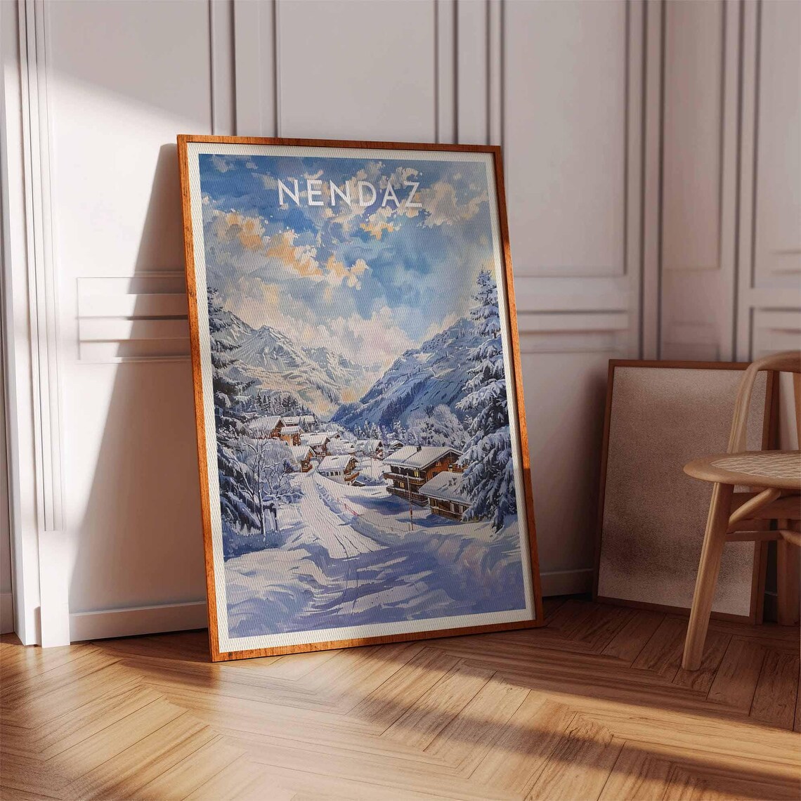 Nendaz Switzerland Sunrise Gold Clouds Over Snowy Village Travel Poster - Image 3