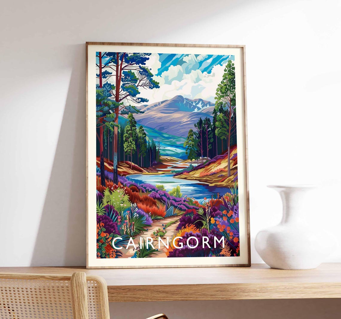Cairngorm Heather Valley River Forest Vibrant Mountain Wall Art