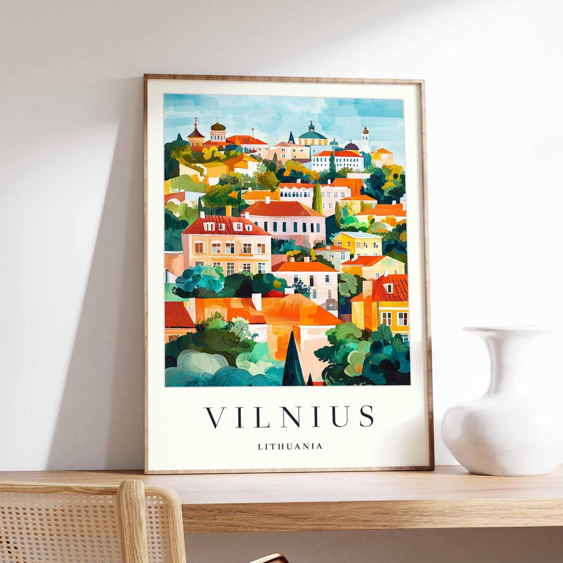 Vilnius Lithuania Hillside Church Old Town Watercolor Travel Poster