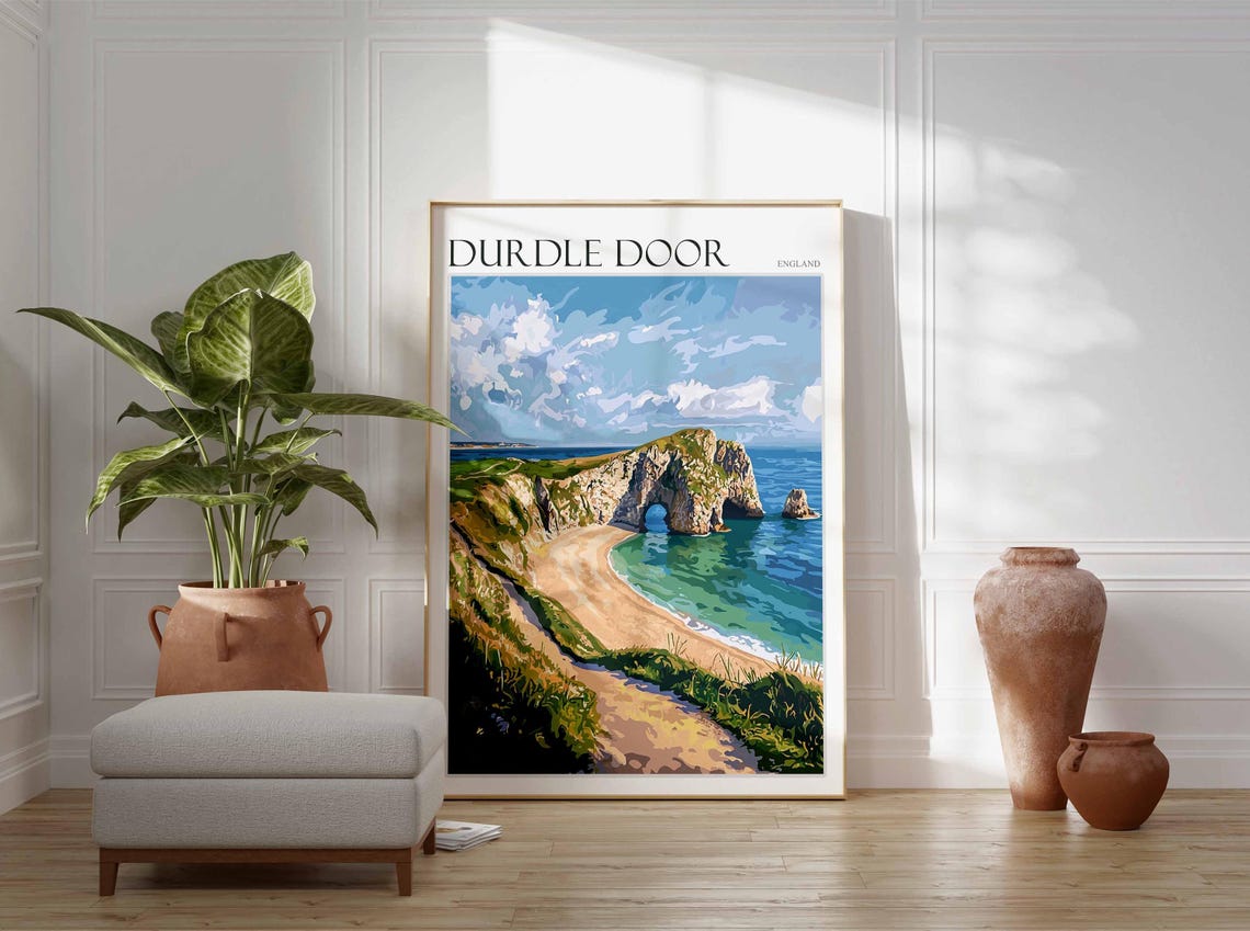 Durdle Door England Green Cliff Path Arch Beach Vector Style Poster - Image 3