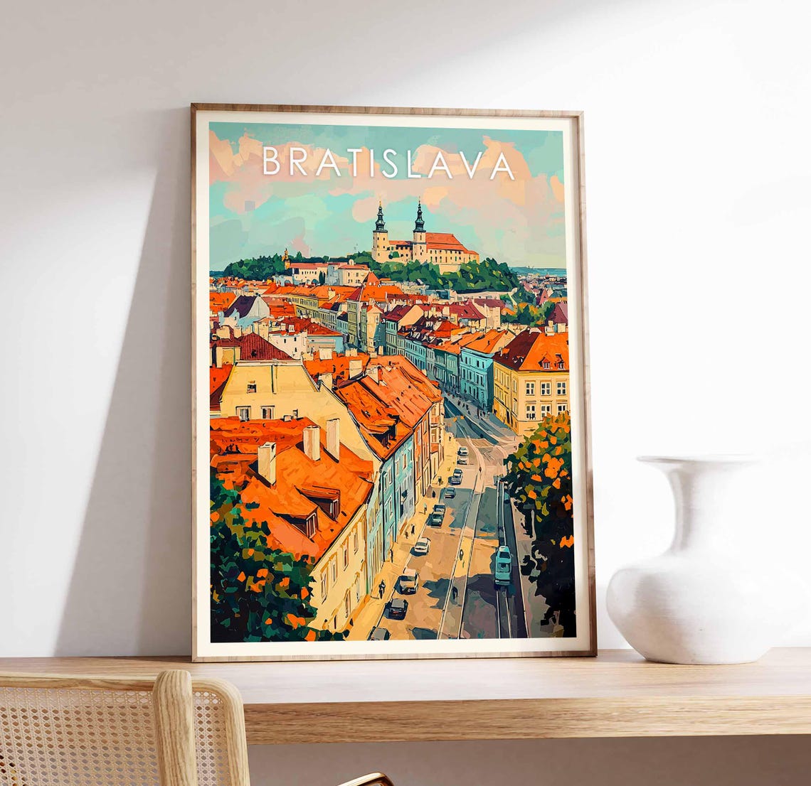 Bratislava Castle on Hill Red Rooftops Old Town Street Poster