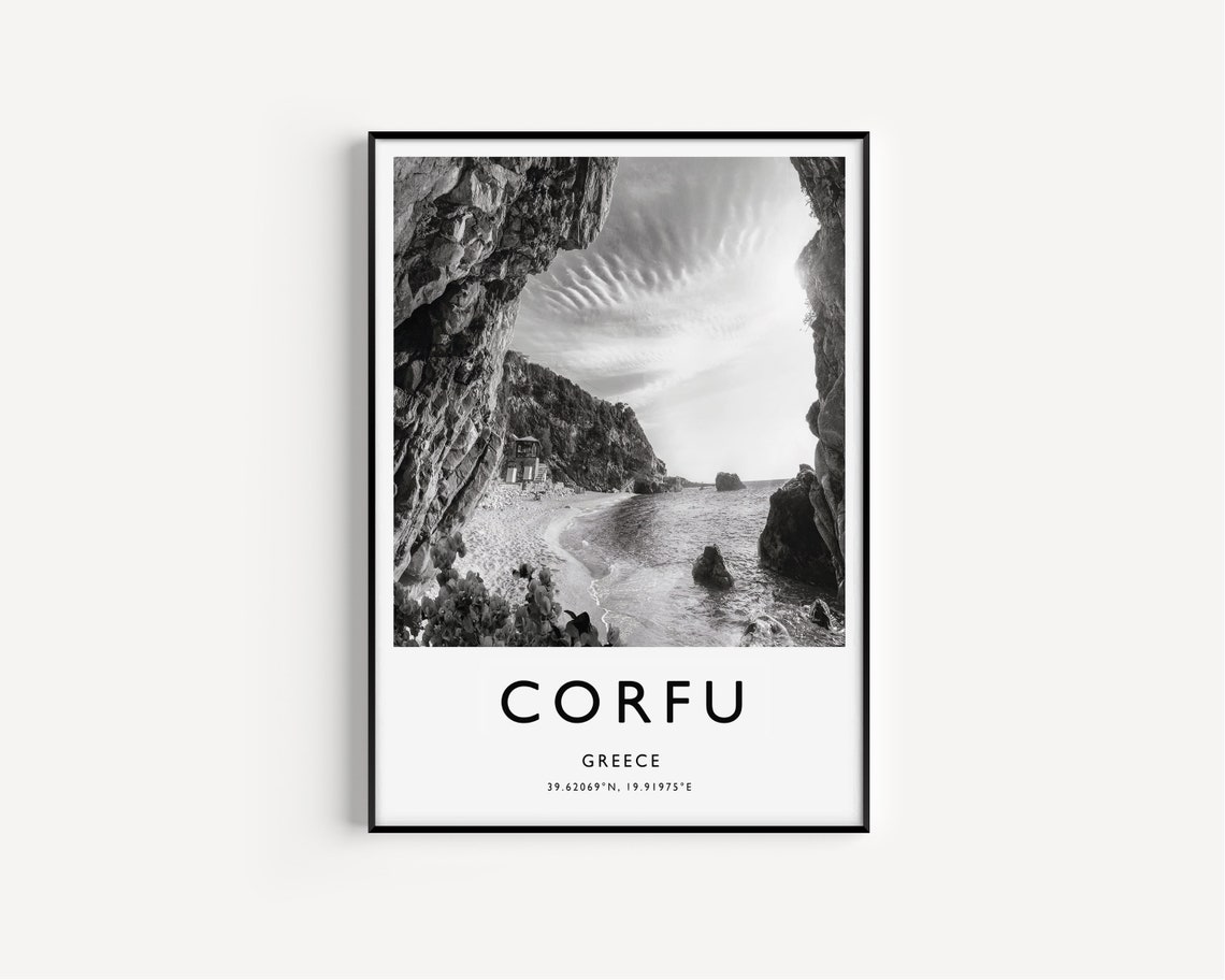 Corfu Greece Dramatic Rocky Cove Beach Black and White Poster - Image 2