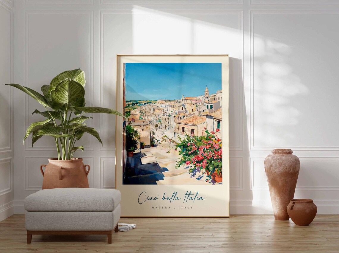 Matera Italy Sunlit Alley Bougainvillea Watercolor Travel Poster - Image 3