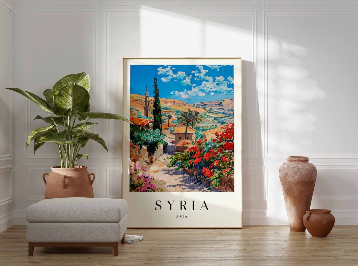 Syria Village Street Minaret Palm Trees Red Flowers Asia Poster - Image 3