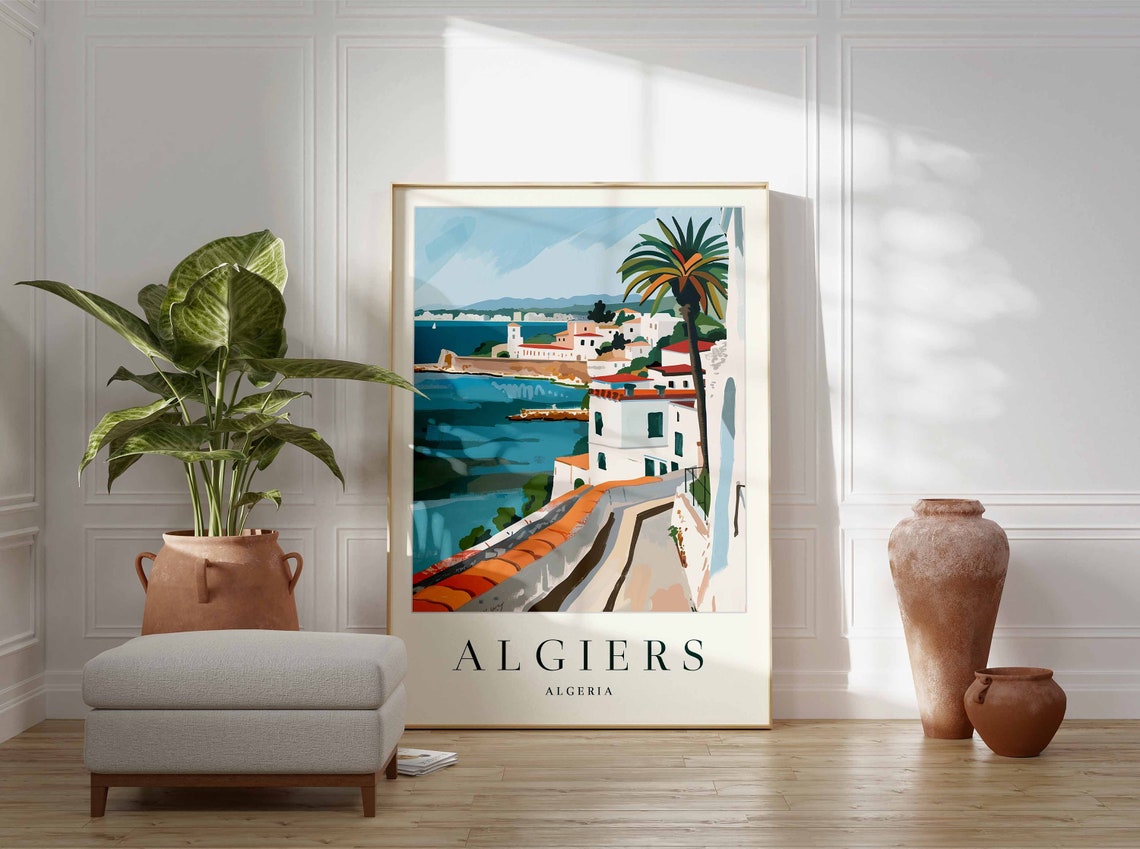 Algiers Algeria Coastal Terrace Palm Tree Bay View Travel Poster - Image 3