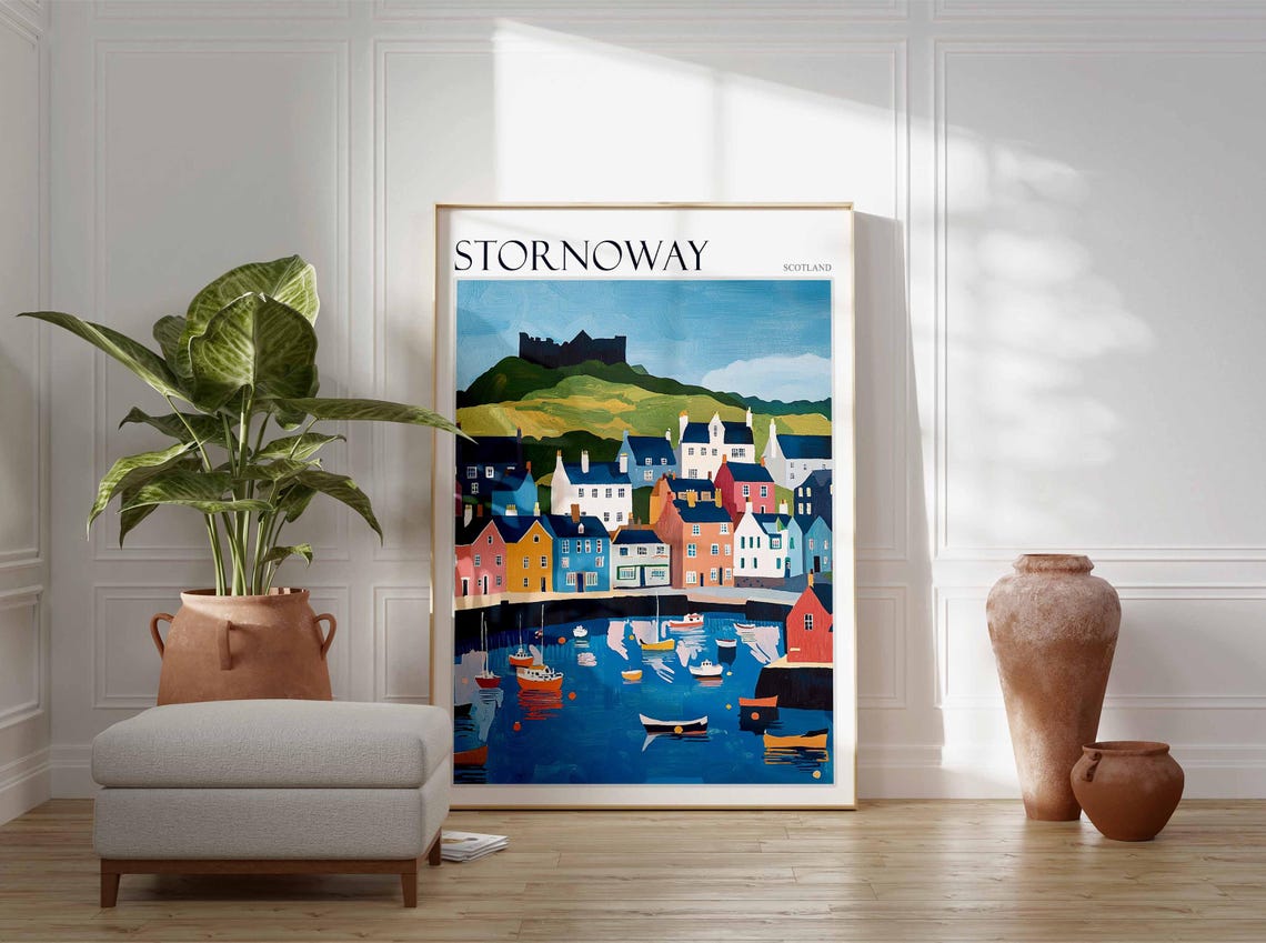 Stornoway Castle Hill Harbor Boats Vibrant Scottish Town Travel Poster - Image 2