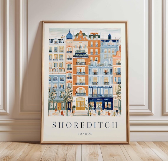 Shoreditch London Watercolor Townhouses Street Scene Travel Poster
