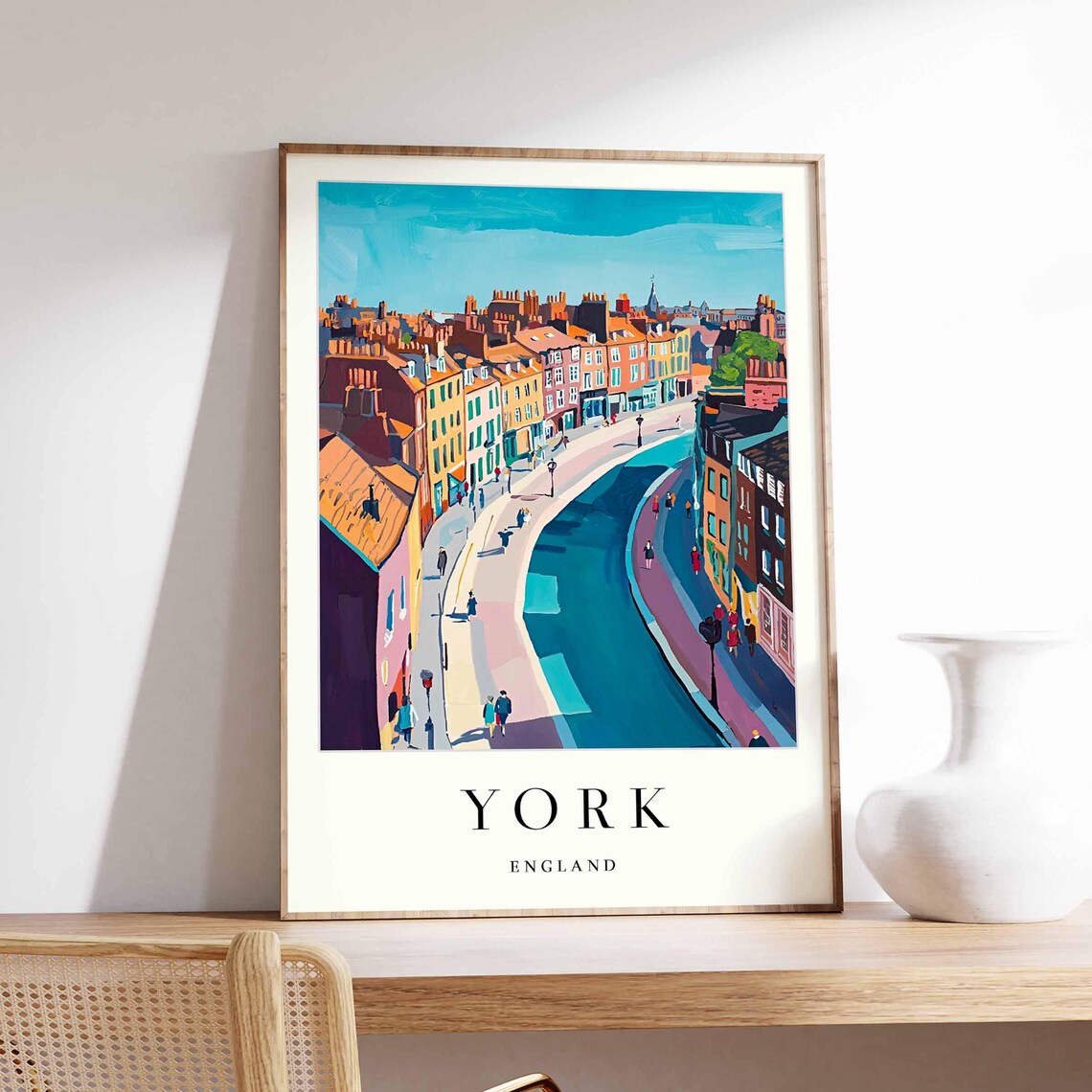 York England Historic Riverside Street Painted Colorful Cityscape Poster