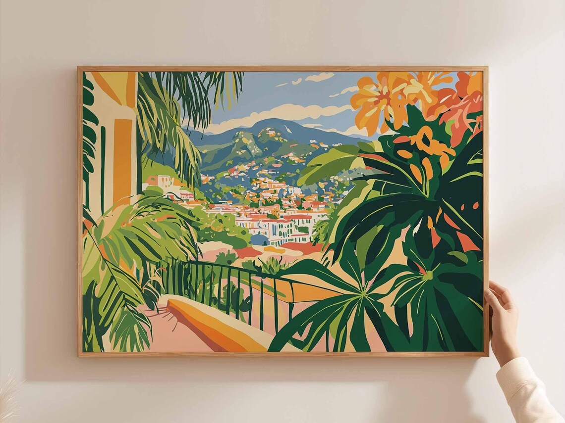 Caracas Balcony View Tropical Hillside Town Palms Scenic Art Poster