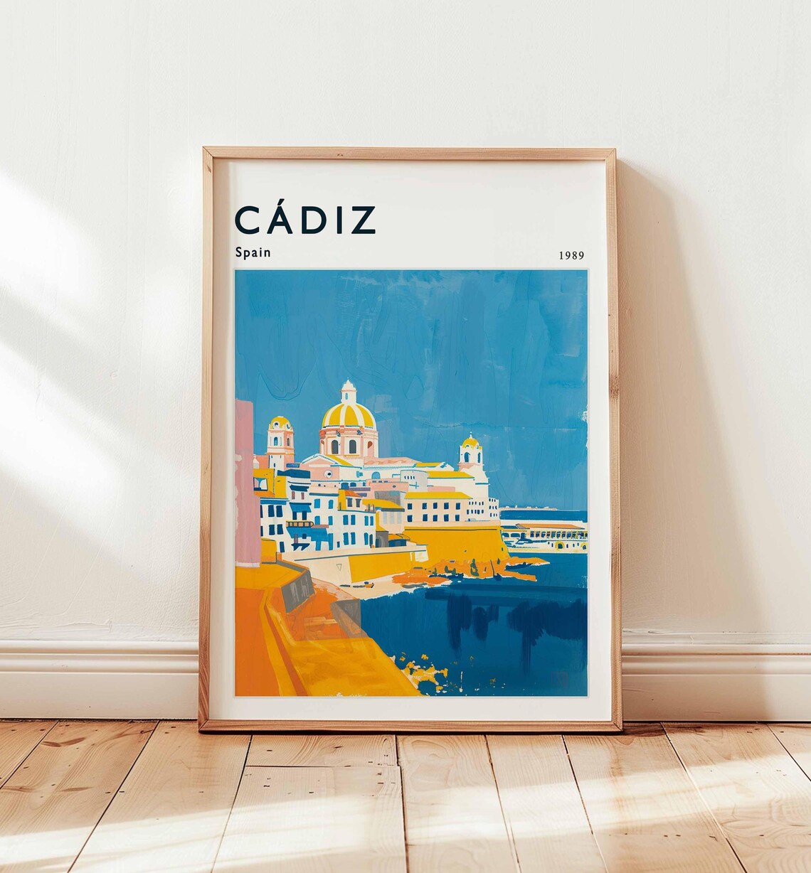 Cadiz Spain 1989 Travel Poster with Cathedral by the Sea and Boats