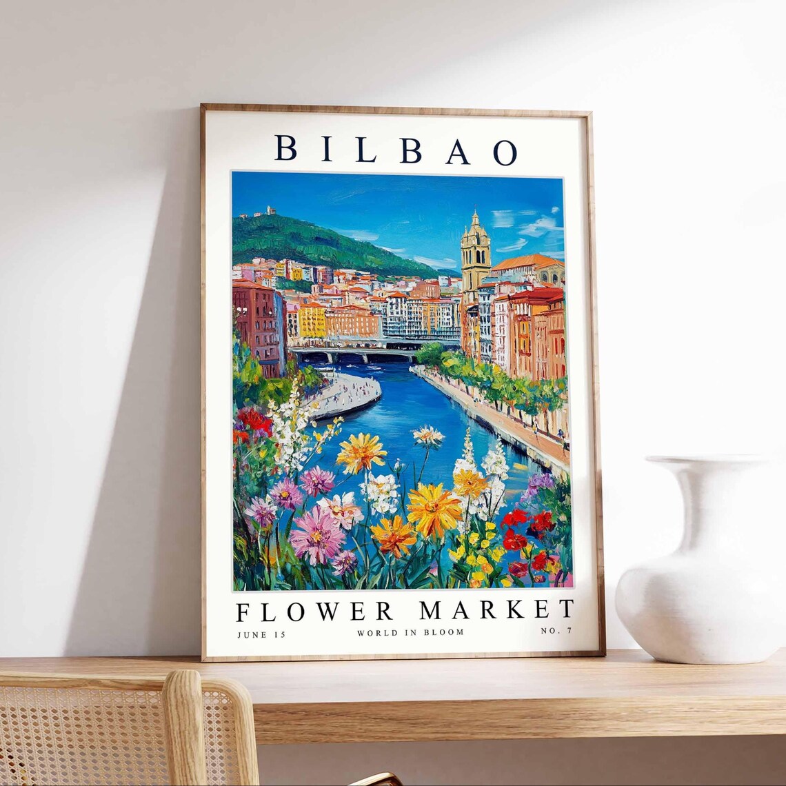 Bilbao Flower Market River Canal Bridge Pink Yellow Wildflower Poster