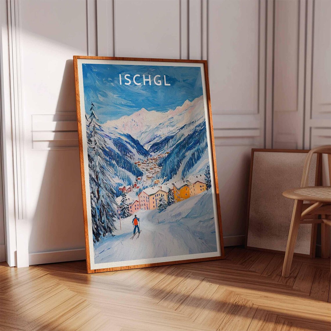 Ischgl Austria Lone Skier Poster with Colorful Alpine Village Below - Image 2