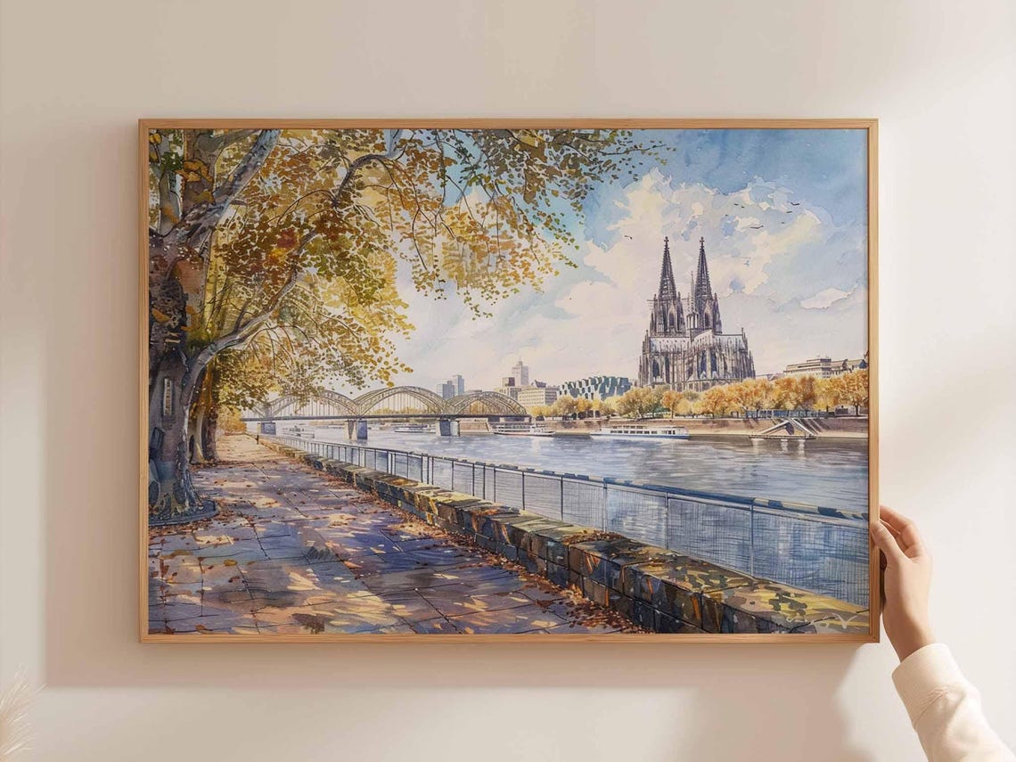 Cologne Cathedral Autumn Riverside Promenade Bridge Watercolor Poster
