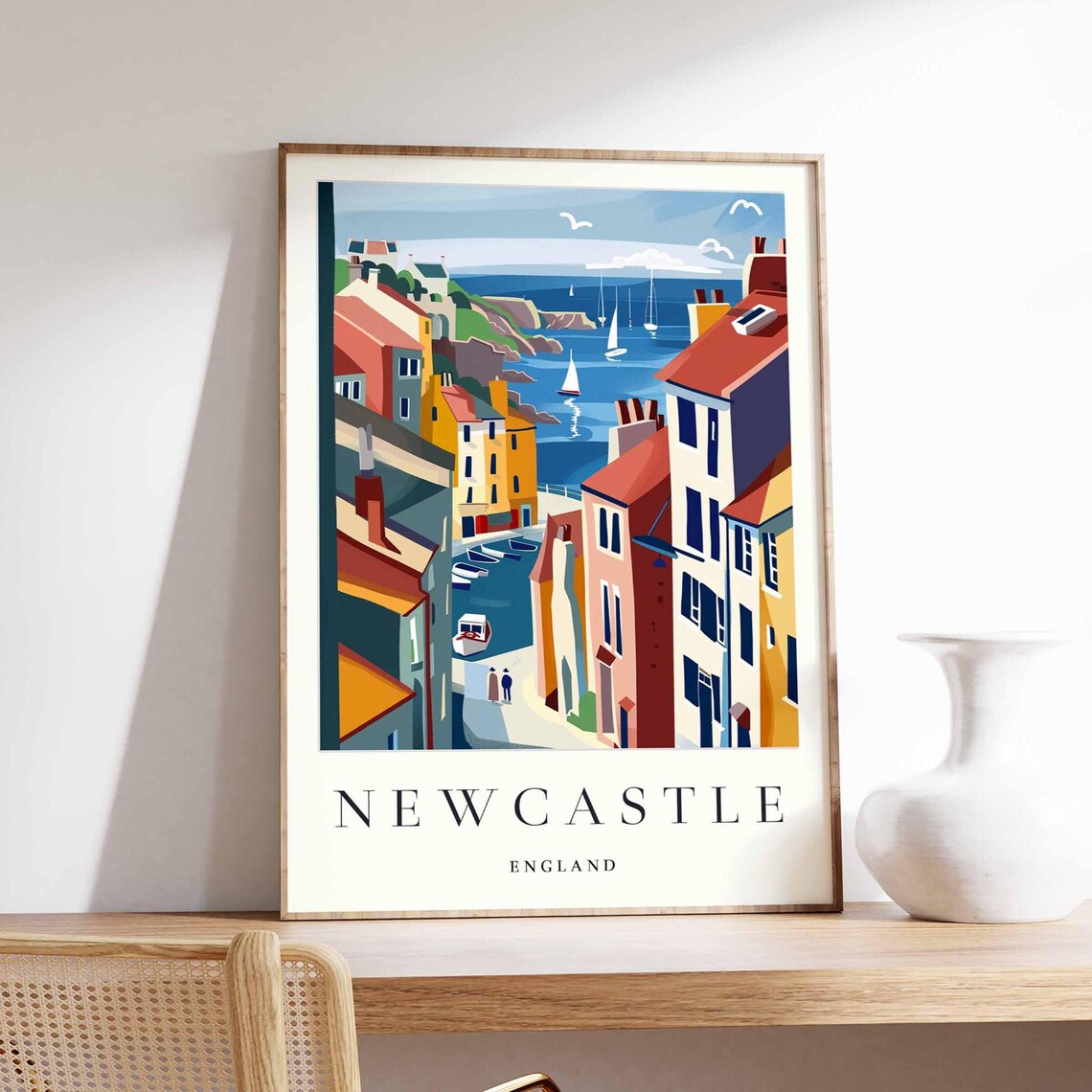 Newcastle England Harbor Quayside Sailboats Townhouses Poster
