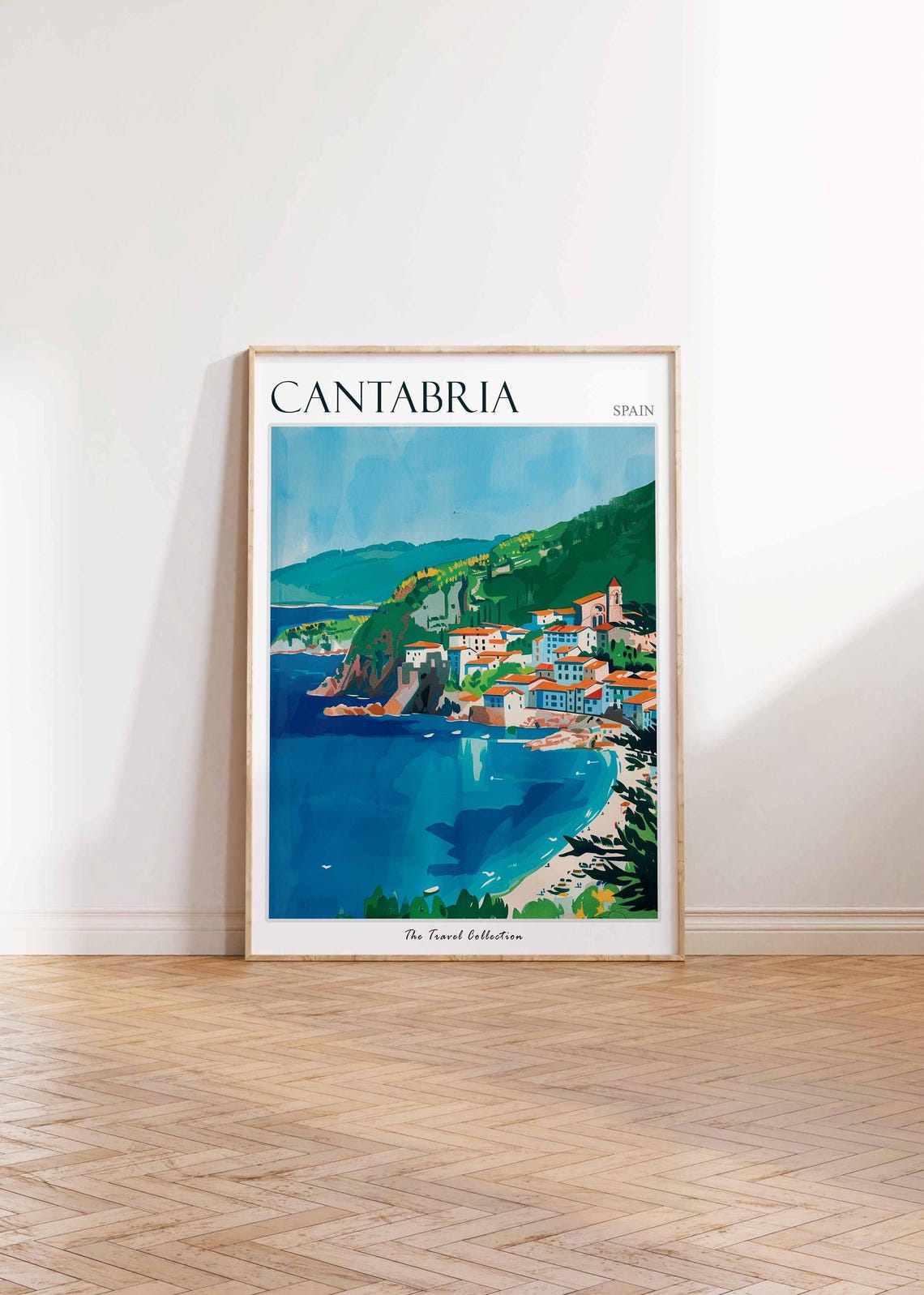 Cantabria Crescent Beach Green Rocky Cliffs Spain Travel Poster - Image 2