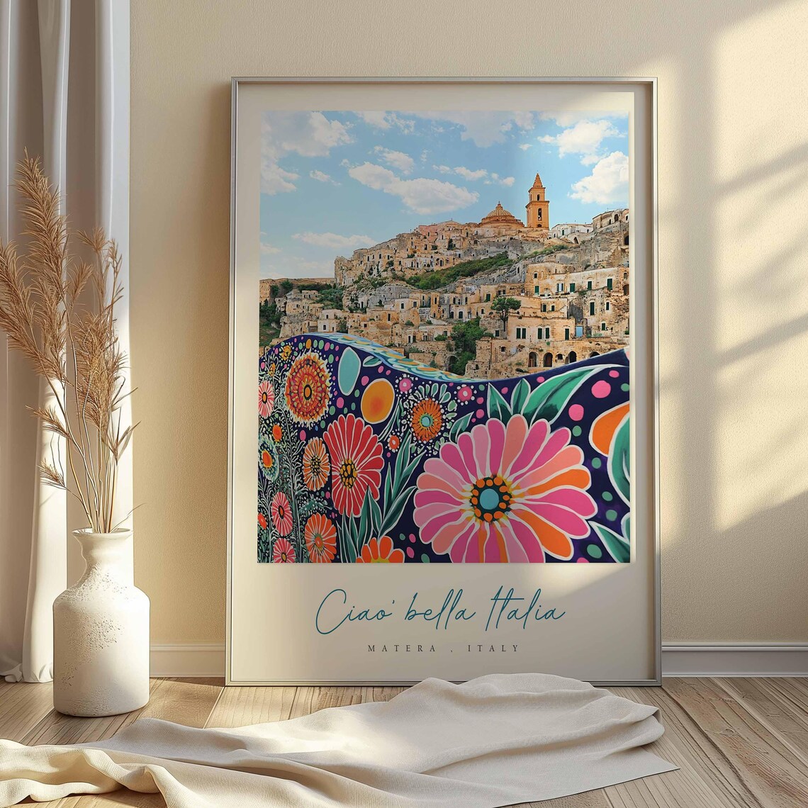 Matera Sassi Folk Floral Border Artwork Italy Travel City Poster - Image 2