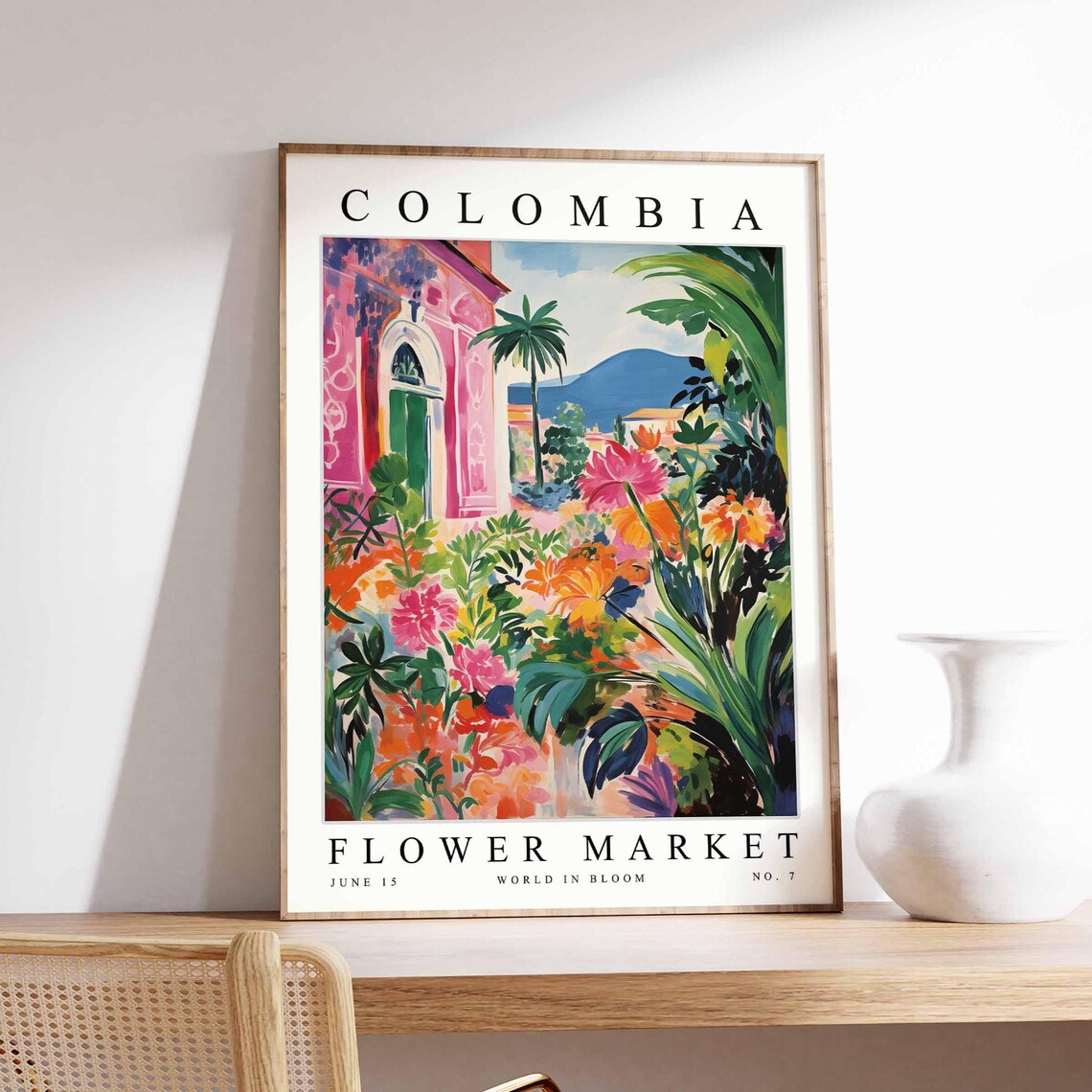 Colombia Flower Market Pink Courtyard Floral Garden Art Poster