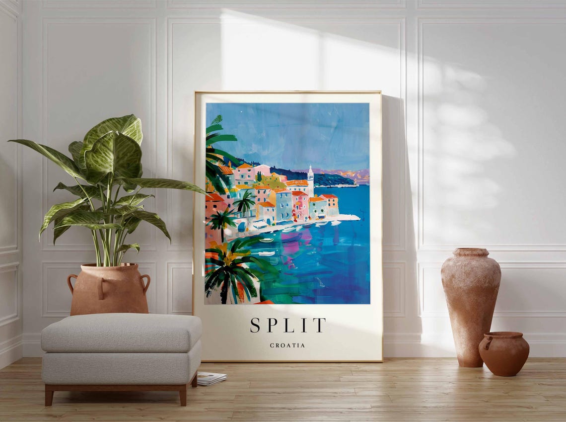 Split Croatia Palm Tree Waterfront Bay with Old Town and Harbor Poster - Image 4