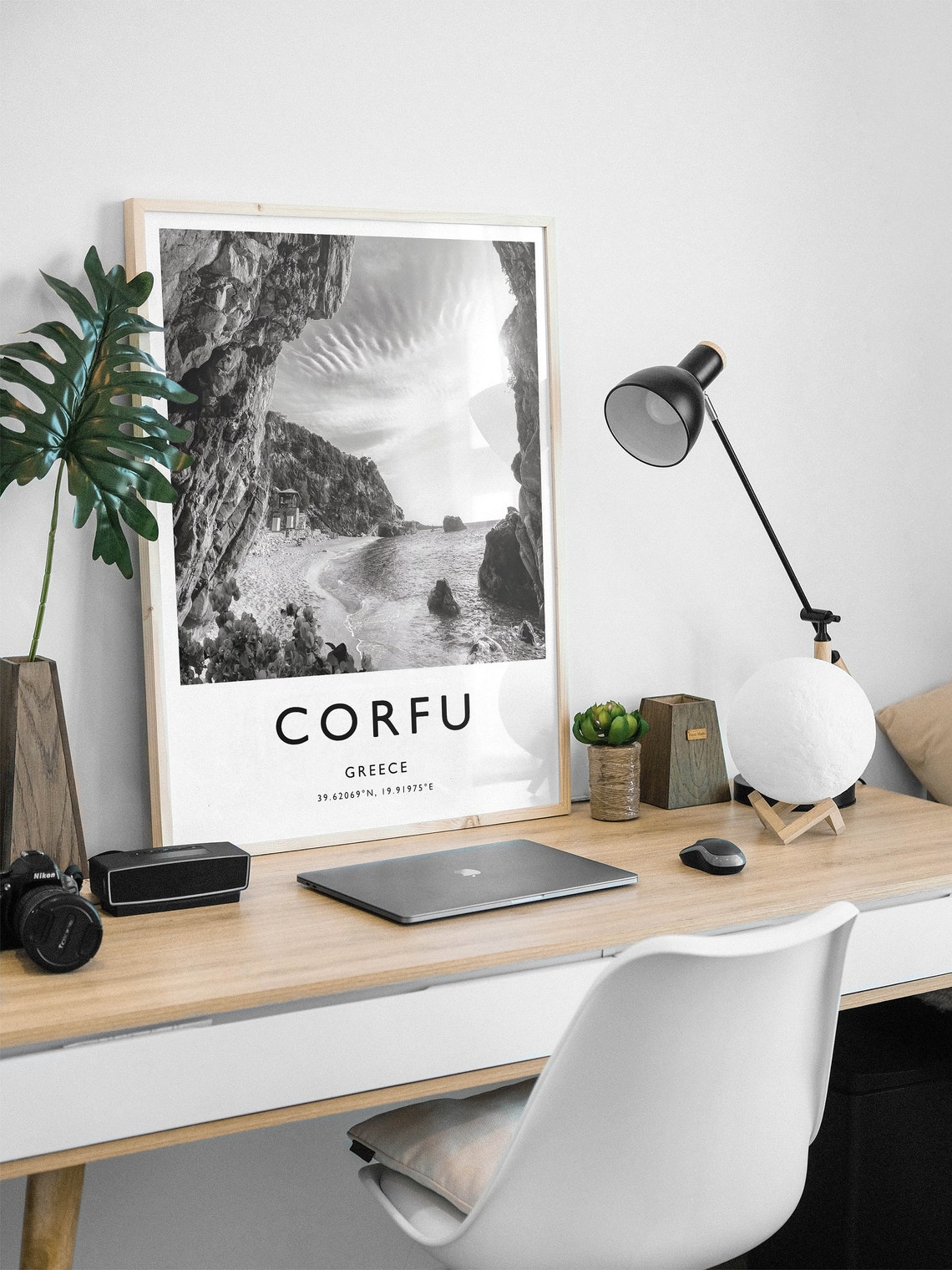 Corfu Greece Dramatic Rocky Cove Beach Black and White Poster - Image 3