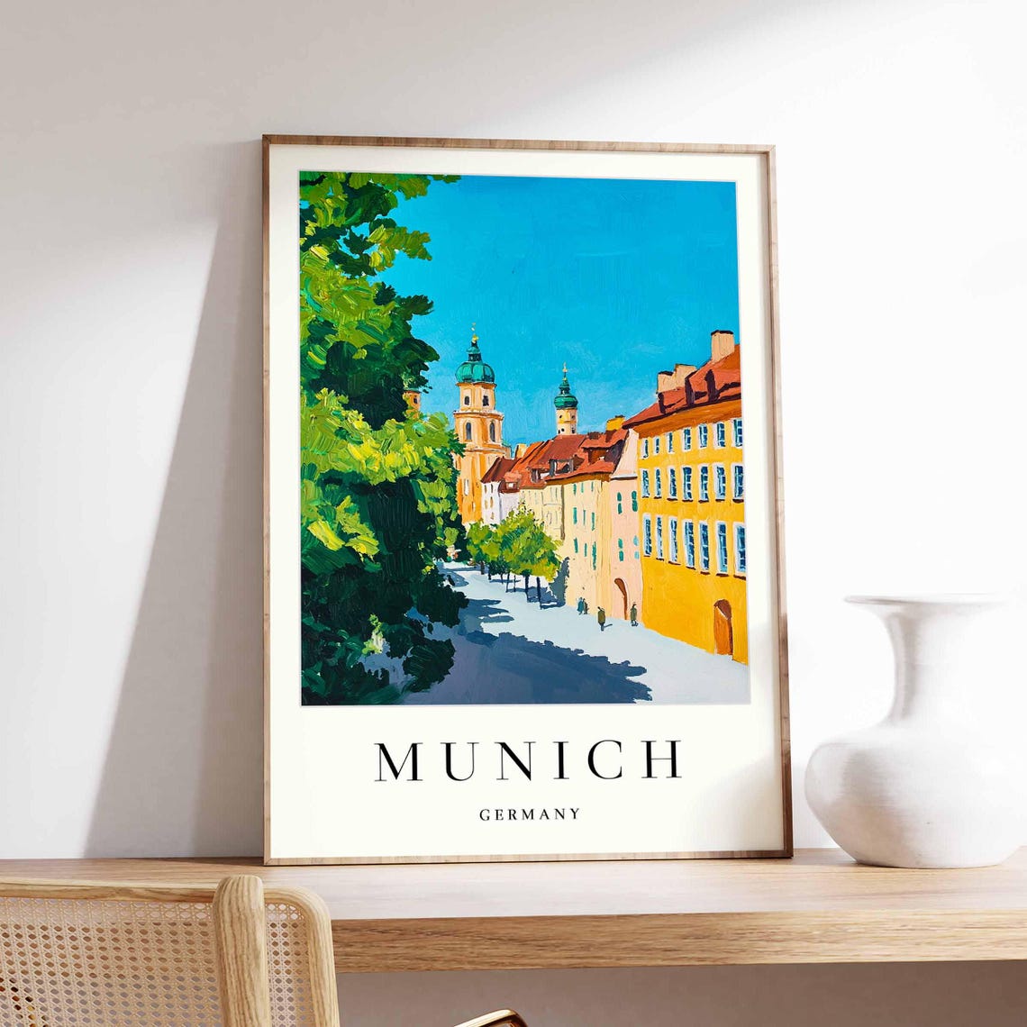 Munich Germany Sunlit Historic Old Street With Church Domes Poster